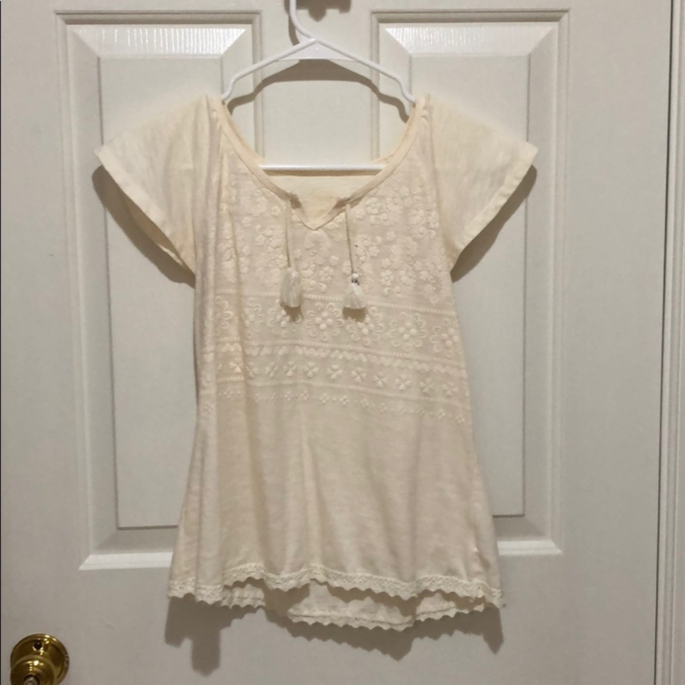Cream Blouse with Lace, Tassels, and Patterns